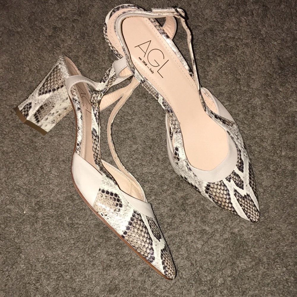 Attilio Giusti Leombruni White and Snake-Print Leather Block Heel Slingbacks - Picture 3 of 8